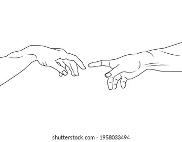 Reaching hands from The Creation of Adam of Michelangelo line drawing. God and Adams hands outline illustration. Touch of god line hand drawn. Spirituality