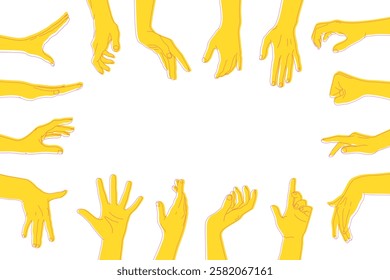 Reaching hands with different gestures around the background with empty space for text. Human hands gestures on white background. Vector