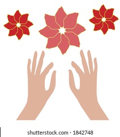 reaching hands isolated with isolated flowers  use together or separate