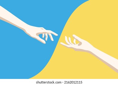 Reaching hands. Patriotic graphic poster. Ukrainian yellow blue flag