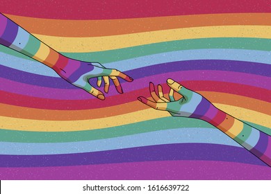 Reaching hands. Rainbow, LGBT flag. Gay Pride. Romantic LGBT concept. Rainbow colored hand. Abstract vector colorful illustration for poster, t-shirt print, postcard