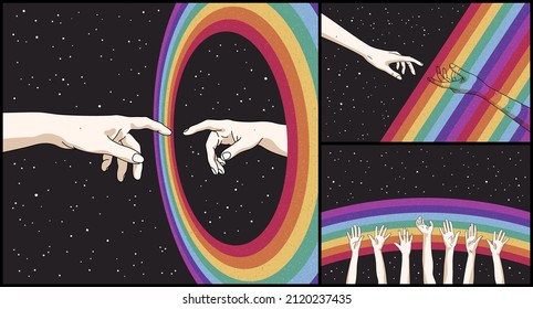 Reaching hands. Rainbow in space. Starry sky. Romantic LGBT poster set