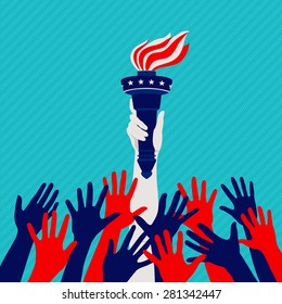 Reaching Hands Statue Of Liberty In The National Colors, The Concept Of The American Dream