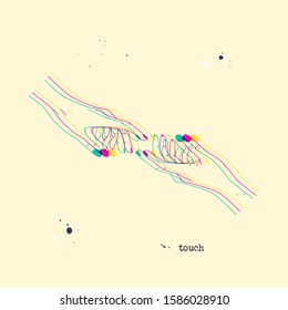 Reaching hands. Stereoscopic vector hand showing attraction and love. Romantic background with 3D stereo effect. Glitch illustration with body language for poster or print design
