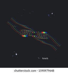 Reaching hands. Stereoscopic vector hand showing attraction and love. Romantic background with 3D stereo effect. Glitch illustration with body language for poster or print design