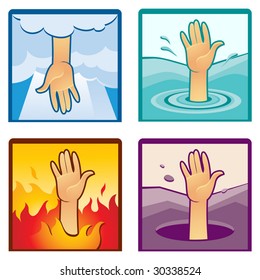 Reaching Human Hand In Different Environment Illustrating The Concept Of Help, vector
