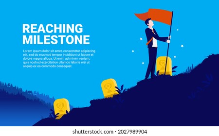 Reaching milestone in business - Businessman planting flag on hill outdoors. Metaphor for achievement and goals. Vector illustration