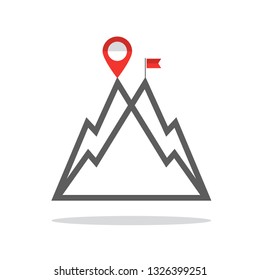 Reaching the Mountain Top Vector Symbol with Mountains, Destination Pin and Flag. Business Success Concept.