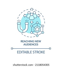 Reaching new audiences turquoise concept icon. Advertising event. SMM marketing trend abstract idea thin line illustration. Isolated outline drawing. Editable stroke. Arial, Myriad Pro-Bold fonts used