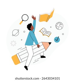 Alcanzar Alturas Nuevas A Través De La Educación. La Ilustración vectorial muestra a una persona montada en un lápiz gigante, alcanzando hacia arriba hacia un libro abierto