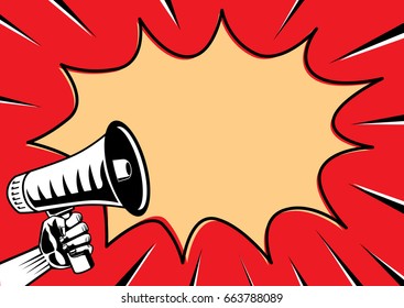 Reaching out a megaphone and speech Bubble on red background. Illustration in retro style and comic.