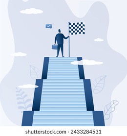 Reaching pinnacle of career or success. Confident entrepreneur has reached top of ladder of success or goals. Businessman standing on stairs with finish flag. Leaders achieve goals. flat vector