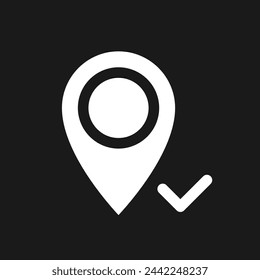 Reaching pinned destination dark mode glyph ui icon. Approved place. User interface design. White silhouette symbol on black space. Solid pictogram for web, mobile. Vector isolated illustration