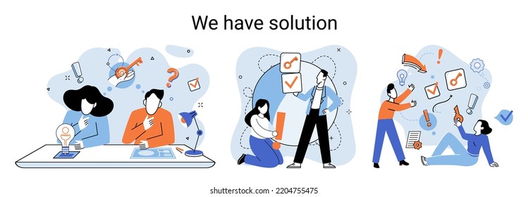Reaching solution as result of work of business team. Startup employees. Goal thinking. Cooperation construction by agency create team. Creative successful management metaphor, decision and teamwork