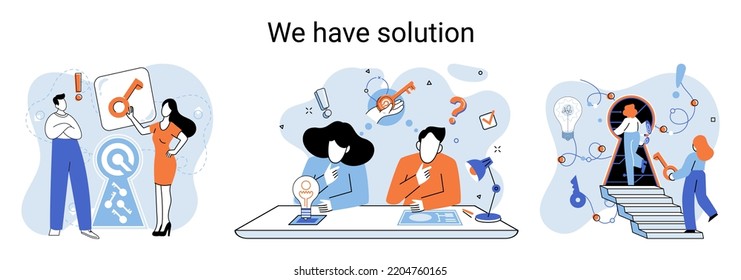 Reaching solution as result of work of business team. Startup employees. Goal thinking. Cooperation construction by agency create team. Creative successful management metaphor, decision and teamwork
