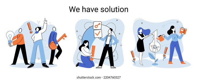 Reaching solution as result of work of business team. Startup employees. Goal thinking. Cooperation construction by agency create team. Creative successful management metaphor, decision and teamwork
