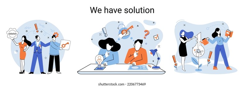 Reaching solution as result of work of business team. Startup employees. Goal thinking. Cooperation construction by agency create team. Creative successful management metaphor, decision and teamwork