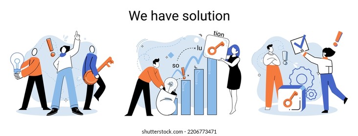 Reaching solution as result of work of business team. Startup employees. Goal thinking. Cooperation construction by agency create team. Creative successful management metaphor, decision and teamwork