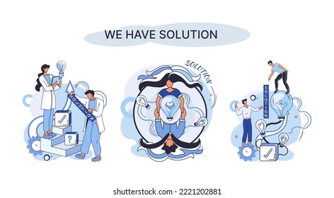 Reaching solution as result of work of business team. Startup employees. Goal thinking. Cooperation construction by agency create team. Creative successful management metaphor, decision and teamwork