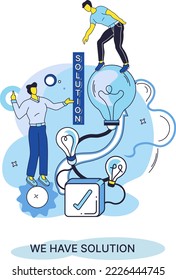 Reaching solution as result of work of business team. Startup employees. Goal thinking. Cooperation construction by agency create team. Creative successful management metaphor, decision and teamwork