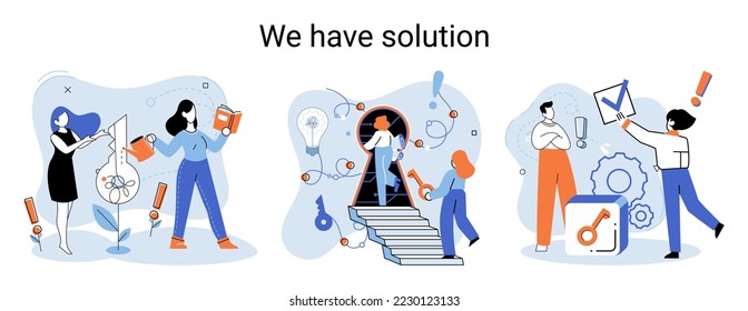Reaching solution as result of work of business team. Startup employees. Goal thinking. Cooperation construction by agency create team. Creative successful management metaphor, decision and teamwork