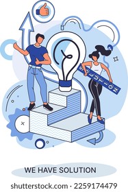 Reaching solution as result of work of business team. Startup employees. Goal thinking. Cooperation construction by agency create team. Creative successful management metaphor, decision and teamwork