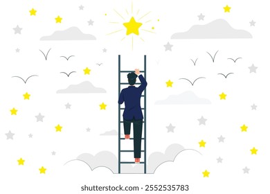 Reaching stars concept - business strategy challenge and success - A businessman climbing to the stairs and catching stars - flat vector illustration