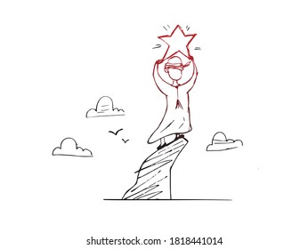 Llegando al concepto de las estrellas, un dibujo a mano de un árabe sobre un fondo blanco aislado. Adecuado para los conceptos motivacionales, soñar grande, disparar para la estrella más brillante, pensar altamente