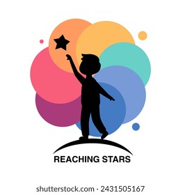 Plantilla de diseño de logotipo de Reaching Stars. Logo de la estrella de ensueño. Emblema, colorido, símbolo creativo, icono.