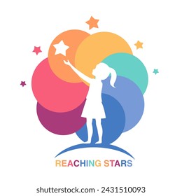 Plantilla de diseño de logotipo de Reaching Stars. Logo de la estrella de ensueño. Emblema, colorido, símbolo creativo, icono.