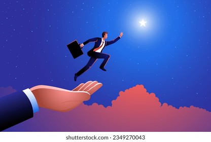 Reaching for the stars, this vector illustration features a giant hand assisting a businessman's leap to grasp the stars. A powerful symbol of ambition, support, and aspirations in the business realm
