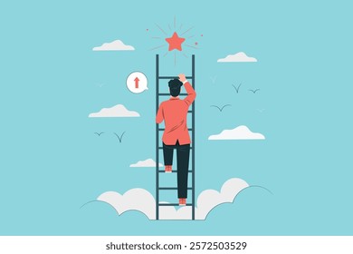 Reaching for Success Illustration of a person climbing a ladder into a star, representing personal growth, ambition, and achieving goals.