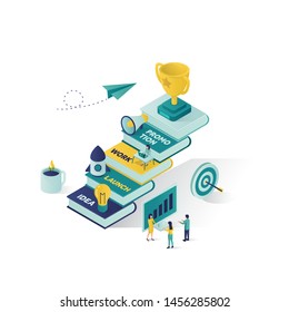 reaching the success vector isometric illustration. people stand on their success and be a winner, second and third place. best score winner prize, success team with the cup