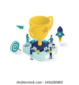 reaching the success vector isometric illustration. people stand on their success and be a winner, second and third place. best score winner prize, success team with the cup