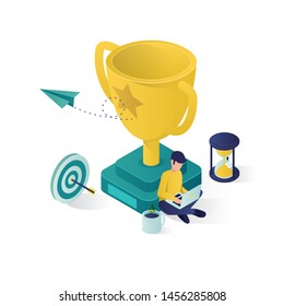 reaching the success vector isometric illustration. people stand on their success and be a winner, second and third place. best score winner prize, success team with the cup