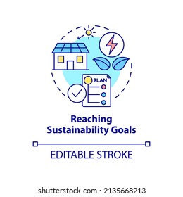 Reaching sustainability goals concept icon. Clean energy usage. Pros of PPA abstract idea thin line illustration. Isolated outline drawing. Editable stroke. Arial, Myriad Pro-Bold fonts used