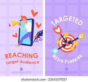 Reaching target audience, visit our store and get media planning for your brands or shop. Marketing and attracting clients and customers to your website, solutions for profit. Vector in flat style