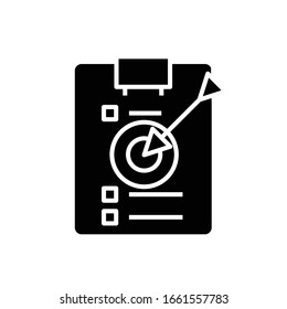 Llegar al icono negro objetivo, ilustración conceptual, símbolo plano vectorial, signo de glifo.
