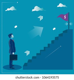 Reaching the target. Businessman standing in front of stairs to his goal. Business concept vector illustration 