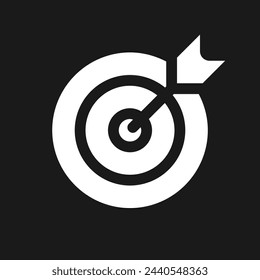 Reaching target pixel dark mode glyph ui icon. Business success. User interface design. White silhouette symbol on black space. Solid pictogram for web, mobile. Vector isolated illustration