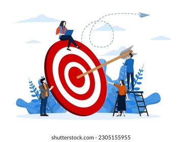 Reaching targets, achieving goals or success in business, teamwork in achieving targets or goals. aim to hit target bullseye concept, business team with arrows stuck on big target.