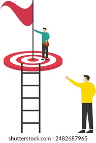 Reaching targets, achieving goals or success in business, teamwork in achieving targets or goals. aim to hit target bullseye concept, business team with arrows stuck on big target.