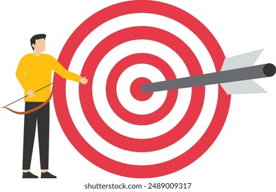 Reaching targets, achieving goals or success in business, teamwork in achieving targets or goals. aim to hit the target bullseye concept, the business team with arrows stuck on a big target.