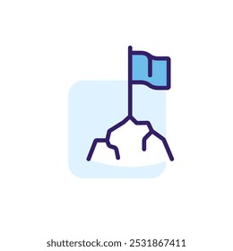 Reaching the top. Flag on the mountain color icon with blue accents. Simple vector linear illustration. Flat pictogram with rounded corners.