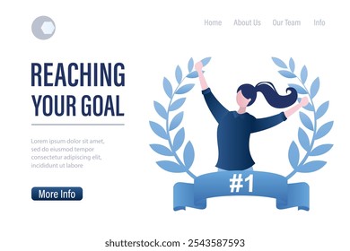 Reaching your goals website landing page template. Goal achievement, successful businesswoman or manager. Happy female character inside of award wreath with ribbon. Trendy style vector illustration