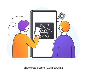 React mobile app concept. Young Men stand next to large smartphone and develop new one page program. Characters programmers work with operating system. Cartoon doodle flat vector illustration