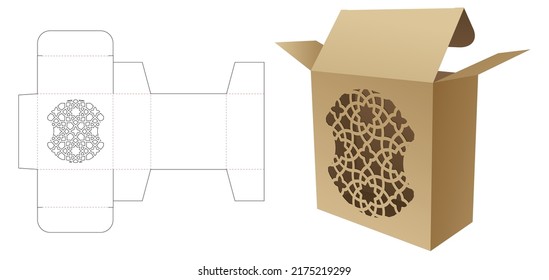 Reactangular box with stenciled pattern window die cut template and 3D mockup
