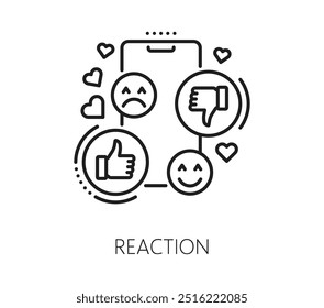 Icono de línea de blogueo de reacción, redes sociales y contenido multimedia. El Vector aislado esboza el signo monocromo del teléfono móvil y diversas emociones y opiniones en la comunidad de Internet o redes