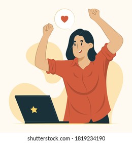 Reaction concept woman expresses happiness illustration for banner, poster, website, etc.