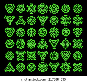 Reaction diffusion icons set. Alien alternate green font. Round glyph symbols, organic shapes. Eps10 vector